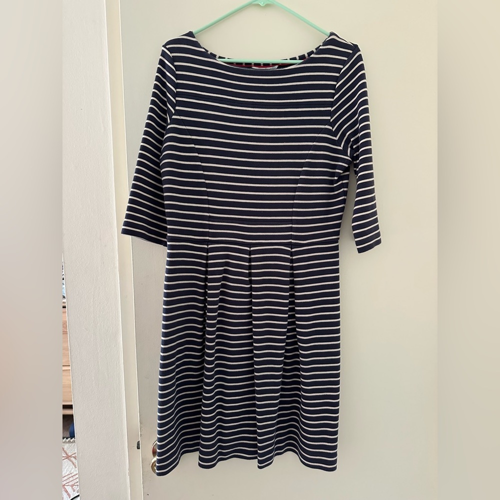 BODEN Libby Ponte fit and flare navy blue beige stripe dress size 12R